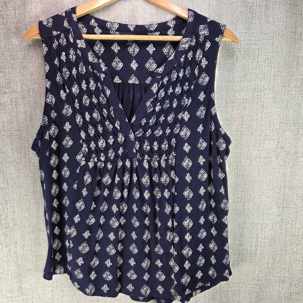 Lucky Brand Navy Blue Ikat Diamond Geometric Sleeveless V-Neck Top Women's XL